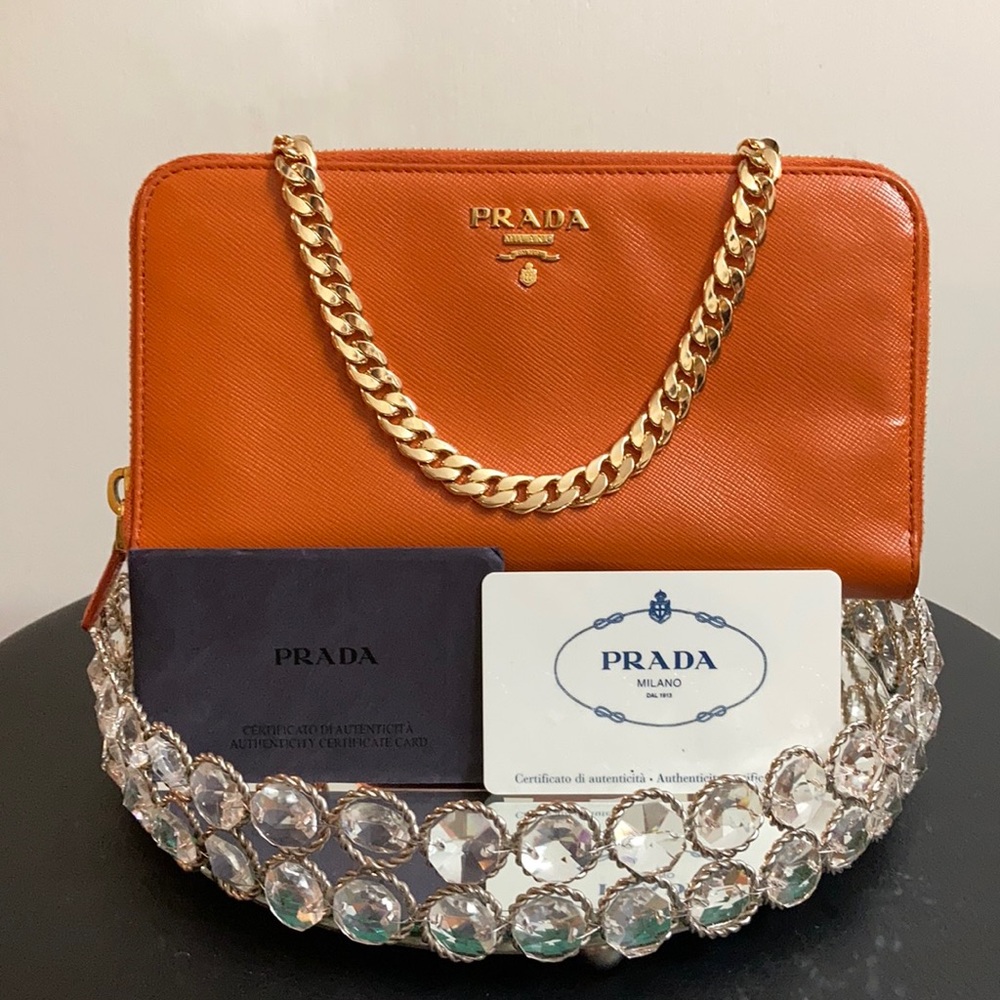 Prada Saffiano Leathet Zip Around Wallet On Chain